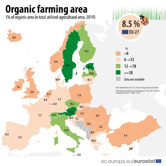 Organic farming area in the EU by country 2019 map 2